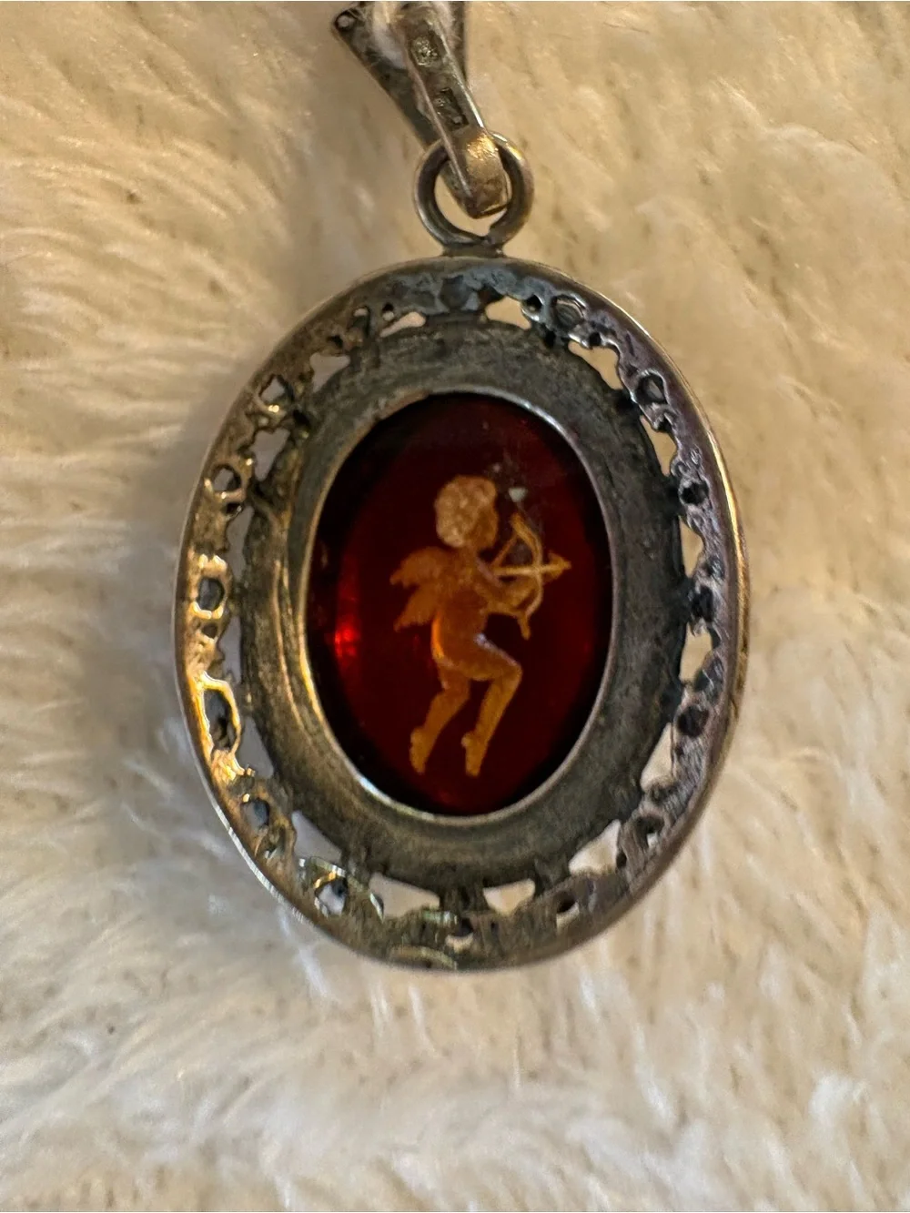 Amber Cupid Pendant Necklace - Orange Oval Cameo Sterling from Poland